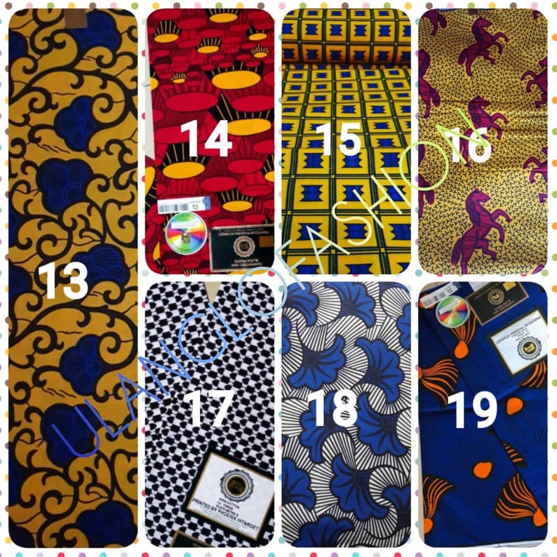 May include: A collage of nine different fabric swatches with various patterns and colors. The swatches are numbered 13 through 19. The fabric patterns include swirls, squares, and floral designs.