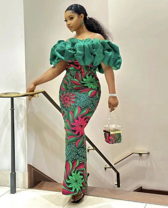 Green African Print Fitted Dress: Handmade Ankara Wedding Clothing