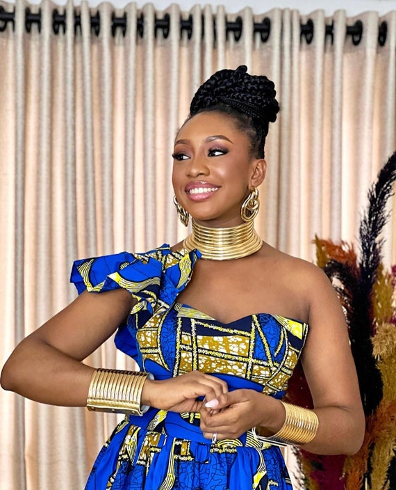 blue and gold african dress Ankara African Print Dress with Slit: Women's Long Sleeve Fashion