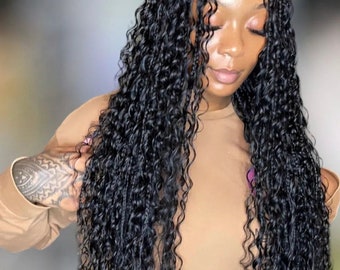 Peluca trenzada bohemia de cabello humano de lujo: trenza larga y retorcida negra