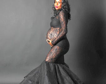 Black Lace Maternity Gown: Fitted See-Through Photoshoot Dress Black Lace Maternity Gown: Fitted See-Through Photoshoot Dress
