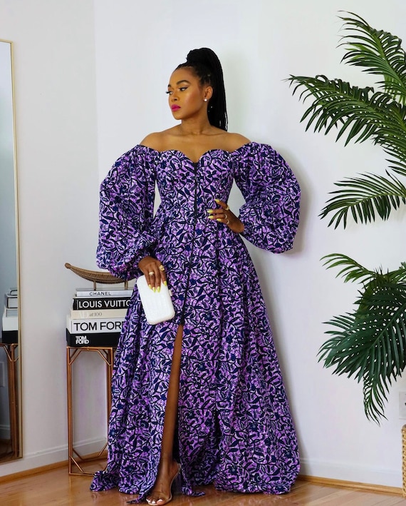 knee length dresses for ladies Floral Ankara Maxi Dress – Bell Sleeves & Zipper Detail main image 0