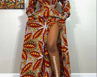 African Dress With Slit,African Clothing for Women,African Birthday Dress,Ankara Dress,African Long Sleeve Dress,African Long Sleeve Dress