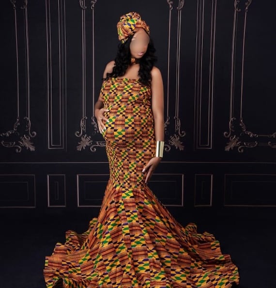 Yellow Kente African Print Mermaid Maternity Gown: Babyshower Photoshoot Dress