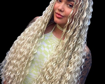 Peluca trenzada de cabello humano rubio: trenza larga bohemia retorcida