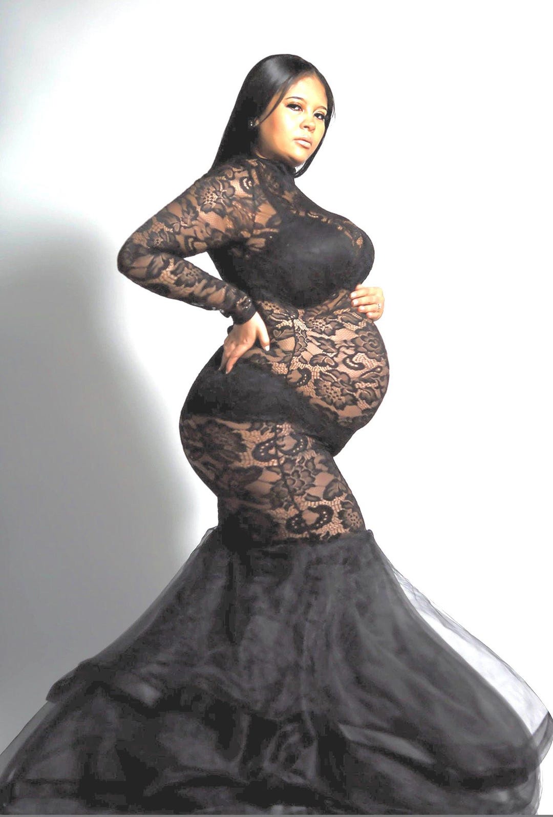Black Lace Maternity Gown: Fitted See-through Photoshoot Dress