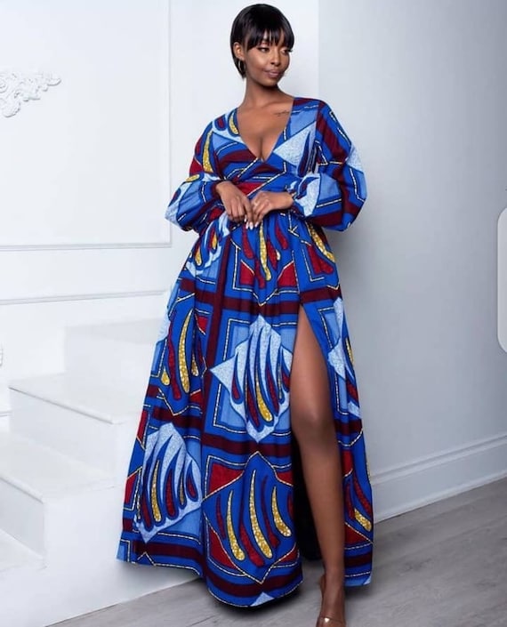 chinese dress ladies African Print High Neck Deep V Long-Sleeved Maxi Dress main image 0