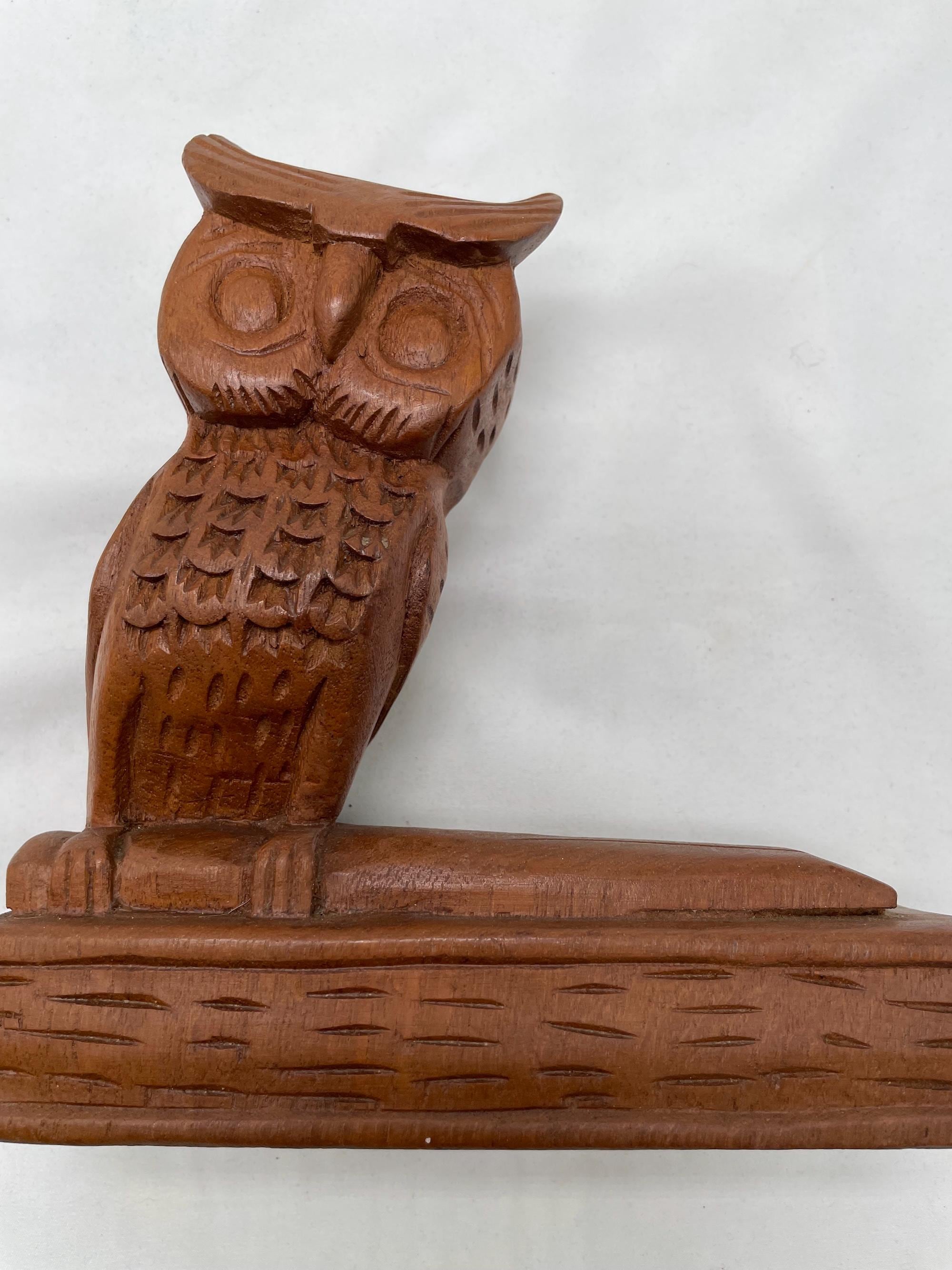Vintage Thai Teak Owl Hand Carved Desk Accessory MCM Decor