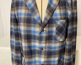 Blazer vintage de lana a cuadros Pendleton – Chaqueta deportiva a cuadros azul y marrón – Hecho en EE. UU. – Chaqueta de lana vintage para hombre