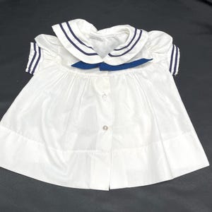 Vintage  1980s Infant Girl Nautical Dress - Navy Blue Trim and Bow - Classic White