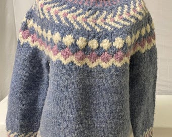 Vintage Handmade 100% Wool Nordic Sweater | Lopi Style Fair Isle Yoke Pullover | 80s 90s Hand Knit