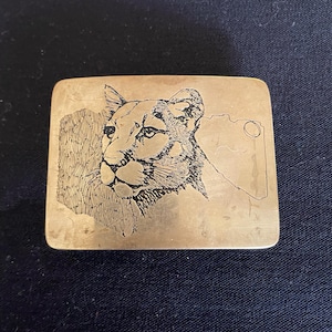 Vintage Ampersand Vintage Lion Belt Buckle | 1970s Brass Cougar Etched brass Buckle