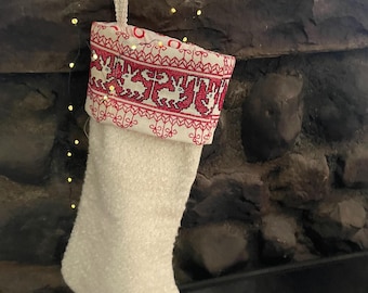 Handmade Christmas Stocking with Vintage Linen Embroidered Cuff