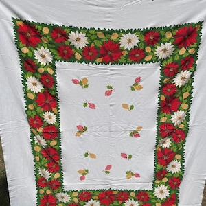 Toalha de mesa de Natal vintage dos anos 1960 – Toalha de mesa festiva com poinsétia e pinha
