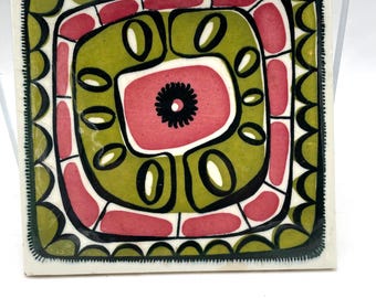 Vintage Mid-Century Ceramic Tile Trivet — Retro Kitchen Decor, Hot Plate,
