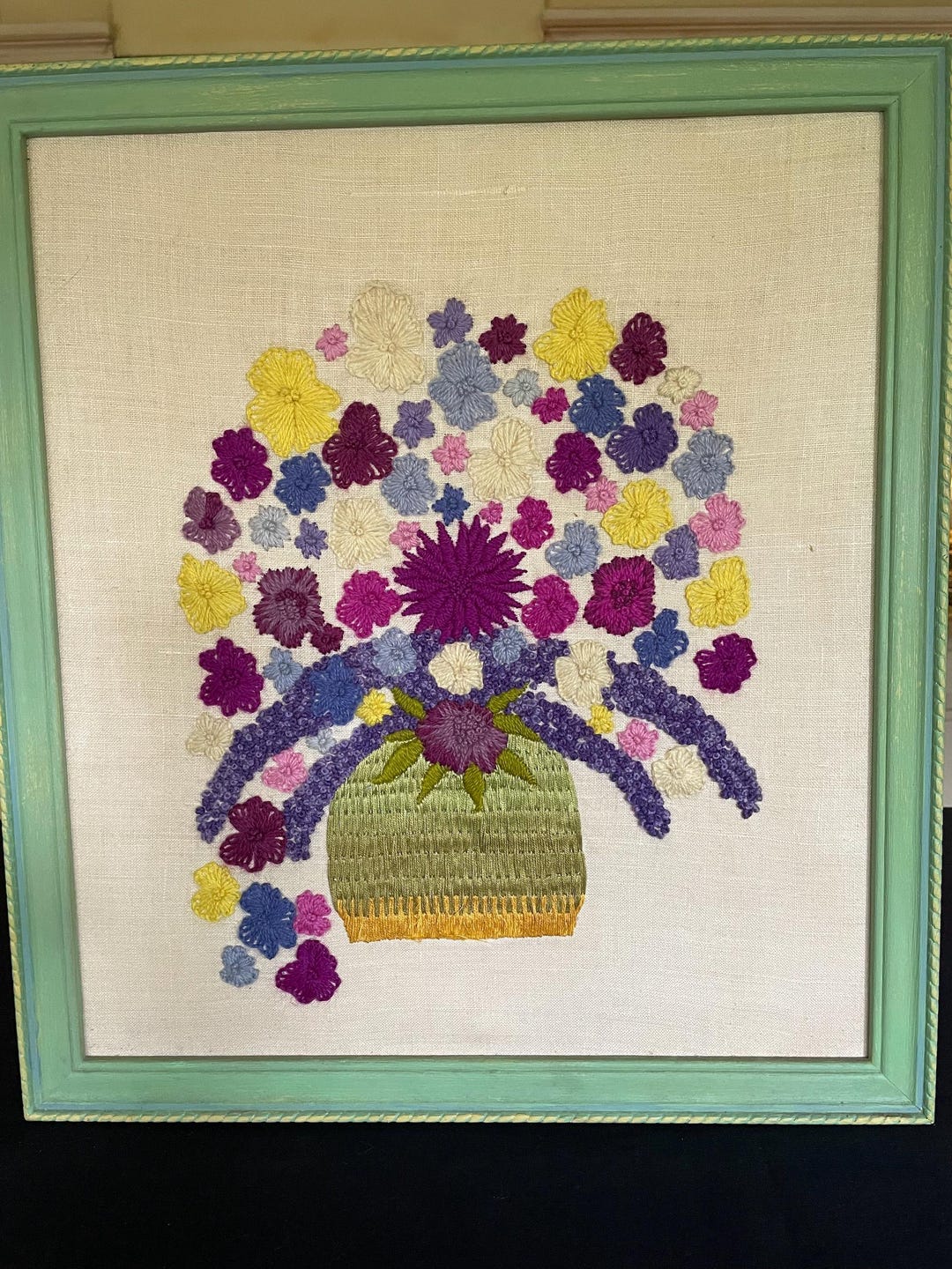 Vintage Crewel Embroidery Wall Art – Colorful Flower Basket in Aqua ...