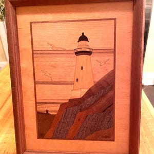 Vintage Wood Inlay Lighthouse Art by Nelson – Mid-Century
