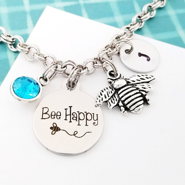 Bee Happy Bracelet - Bee Charm Bangle - Expandable Charm Bracelet - Custom Initial Bracelet - Bee Bangle Bracelet - Inspirational Gift