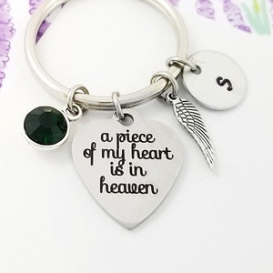 May include: Silver keychain with a heart-shaped charm that reads "a piece of my heart is in heaven." The keychain also features a green gemstone, a wing charm, and a round charm with the letter "S."