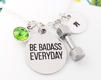 Be Badass Everyday Necklace - Workout Necklace - Fitness Necklace - Dumbbell Necklace Weightlifting Necklace - Crossfit Necklace