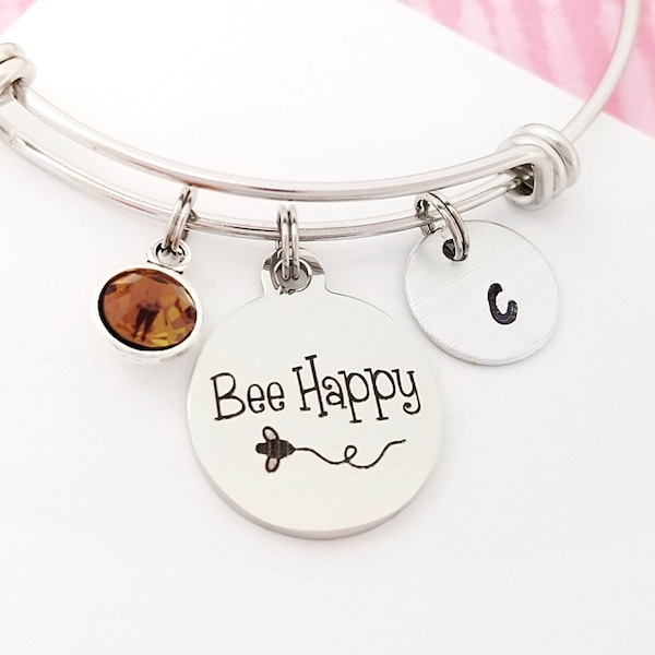 Bee Happy Bracelet - Bee Charm Bangle - Expandable Charm Bracelet - Custom Initial Bracelet - Bee Bangle Bracelet - Inspirational Gift