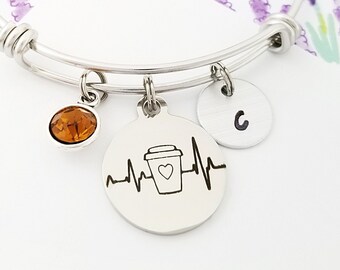Coffee Lover Bracelet - Coffee Bracelet - Expandable Charm Bracelet - Initial Bracelet - Barista Gift - Coffee Bangle - Coffee Cup Bracelet