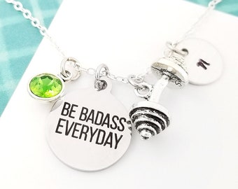 Be Badass Everyday Necklace - Workout Necklace - Fitness Necklace - Barbell Necklace Weightlifting Necklace - Crossfit Necklace