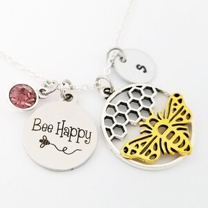 Bee Happy Necklace - Bee Charm Necklace - Personalized Necklace - Custom Bee Necklace - Initial Necklace - Inspirational Necklace