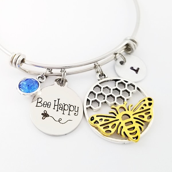 Bee Happy Bracelet - Bee Charm Bangle - Expandable Charm Bracelet - Custom Initial Bracelet - Bee Bangle Bracelet - Inspirational Gift