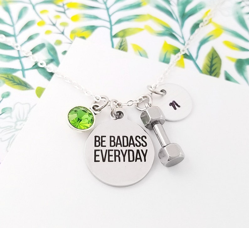 Be Badass Everyday Necklace Workout Necklace Fitness Necklace Dumbbell Necklace Weightlifting Necklace Crossfit Necklace image 2