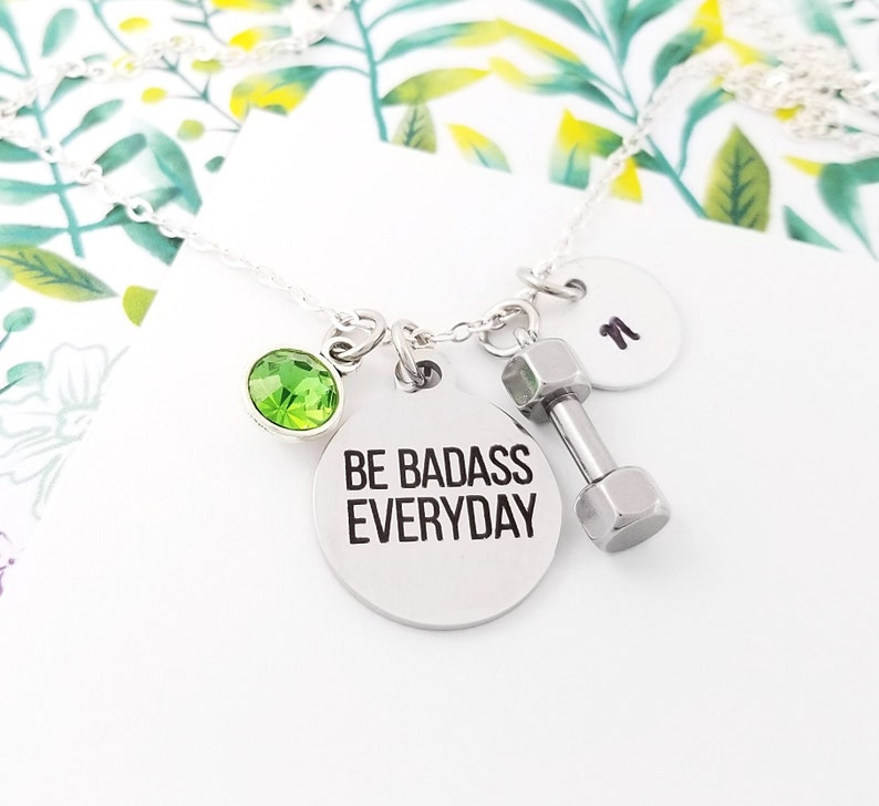 Be Badass Everyday Necklace Workout Necklace Fitness Necklace Dumbbell Necklace Weightlifting Necklace Crossfit Necklace image 1