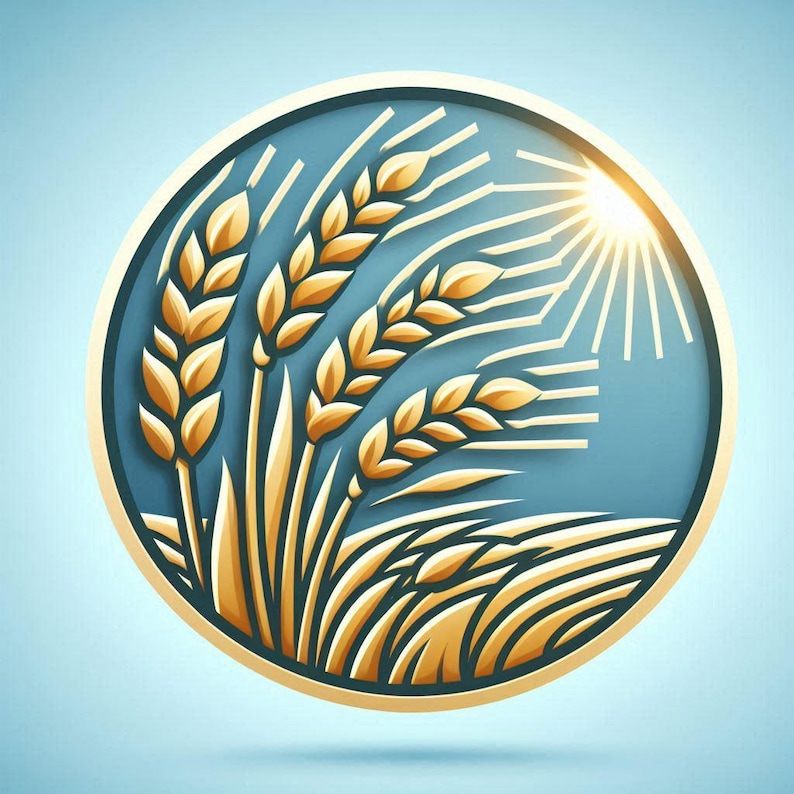 May include: A circular emblem with wheat stalks and a sunburst design. The wheat is gold and yellow, set against a blue background. A gold border frames the image, suggesting a badge or logo, with a focus on agriculture.