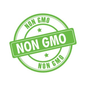 May include: A green and white "NON GMO" stamp. The stamp is circular with the words "NON GMO" in a circle around the outside. The words "NON GMO" are also in a rectangular shape across the centre.