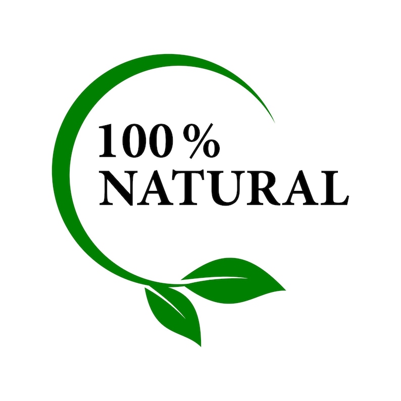 May include: A white background with a green circular design and the words "100% NATURAL" in black. Two green leaves are at the bottom of the circle.