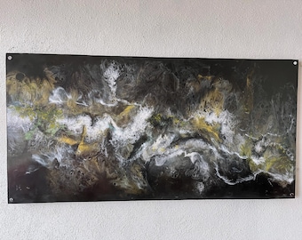 Arte de pared de resina, diseño abstracto único, hecho a medida, único, negro, amarillo y blanco, imagen, obra de arte, hogar, decoración
