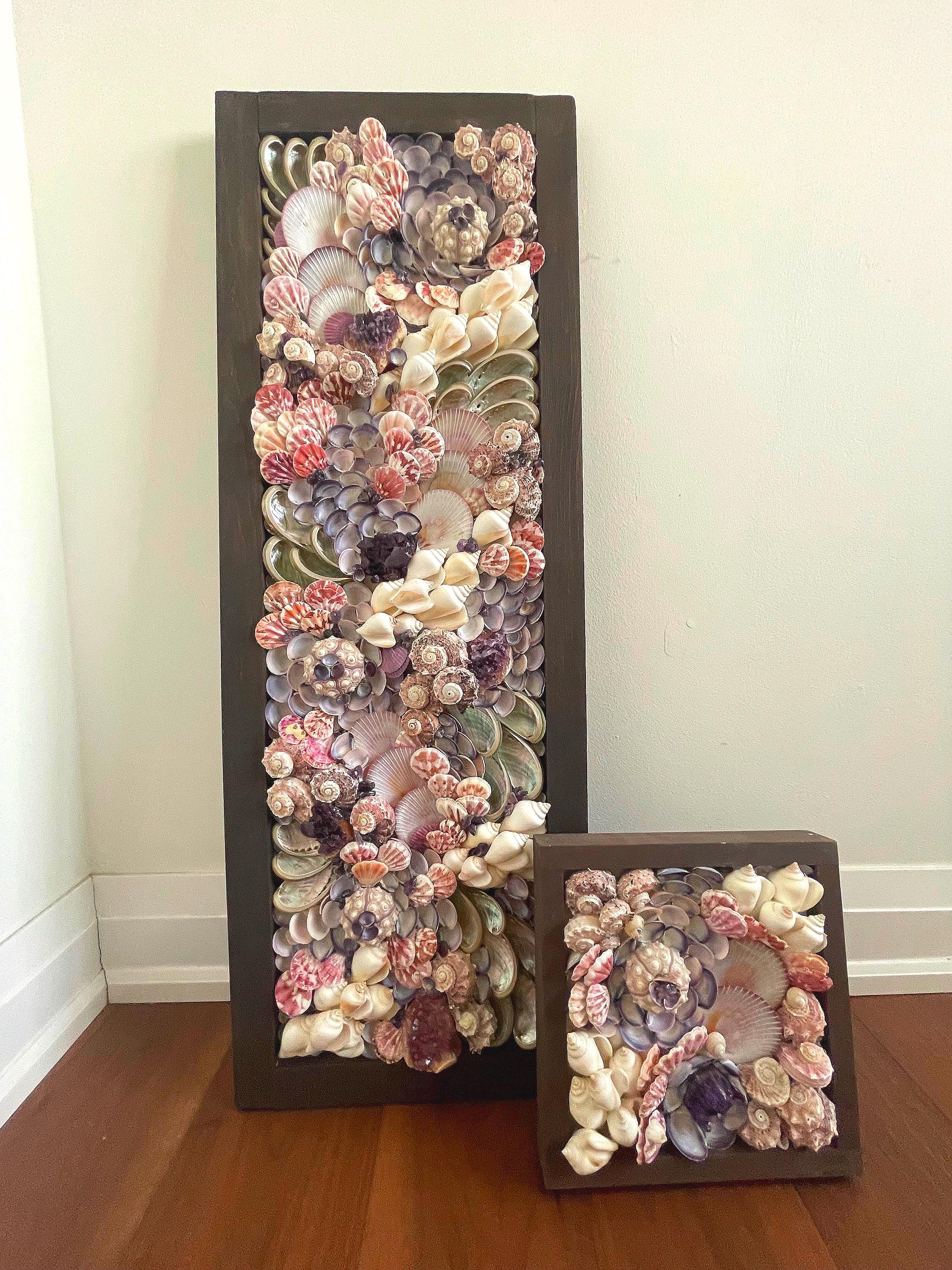 Framed Seashell Mosaic Wall Art, “mermaids Garden” Natural Pink Purple ...