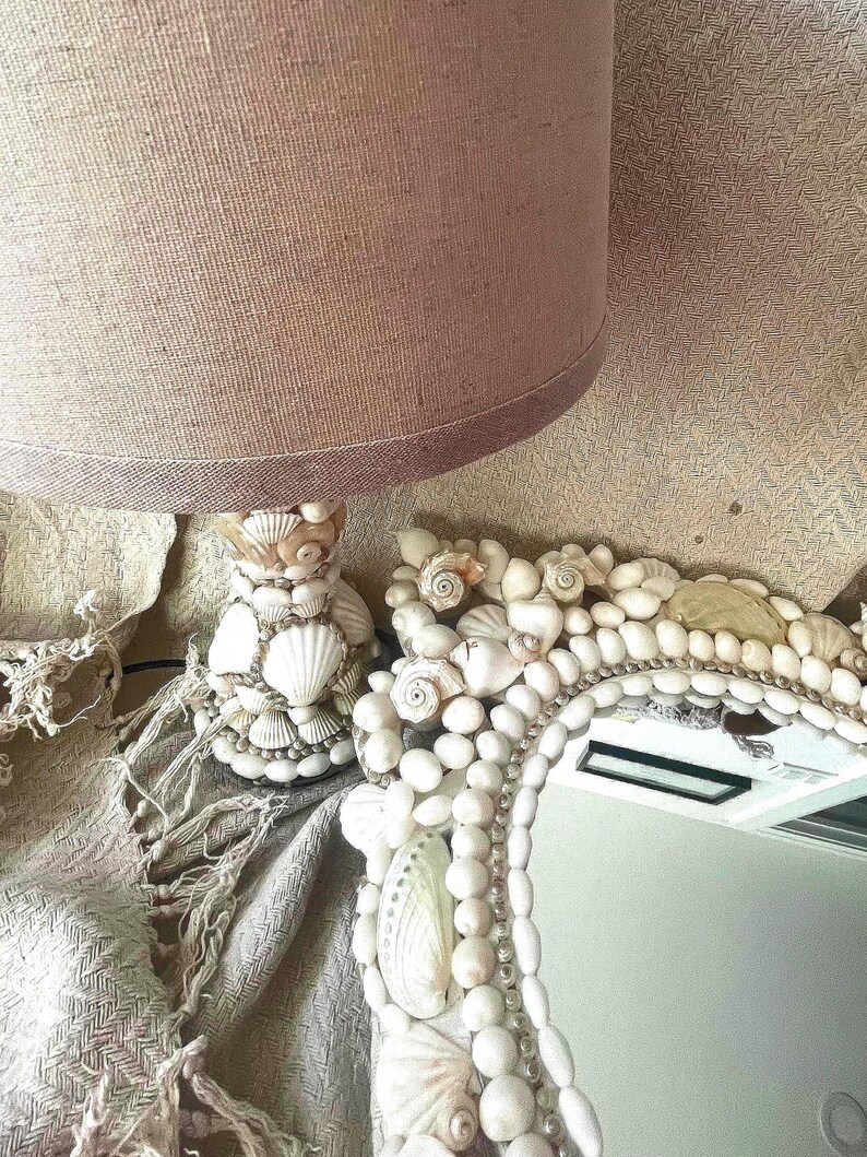 Seashell Table Lamp: Pearlized White Natural Shells, Linen Shade ...