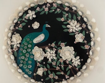 Peacock In Paradise - Hand painted on wood,  Embellished with Natural Blue, Pink, & White Seashells - Floral Artwork Chinoiserie Style Art