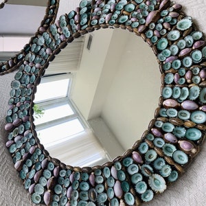 AQUA Blue Sea Shell Mirror “AQUARIUS SHELL” Mirror Handmade Natural Rare Blue and Purple Seashells Coastal Wall Decor Mirror Art Blue Teal