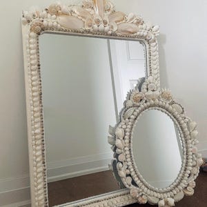 White Pearlized Seashell Mirror - EMMA  SHELL MIRROR - Natural Sea Shell Mirror Adorned Shells  - Handmade Nautical Coastal  Vanity Mirror