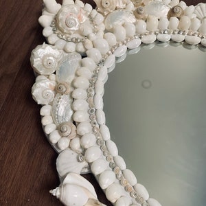 EMMA SEASHELL MIRROR - Natural Sea Shell Mirror Adorned with White and Pearlized Shells  Handmade Nautical Coastal Beach Décor