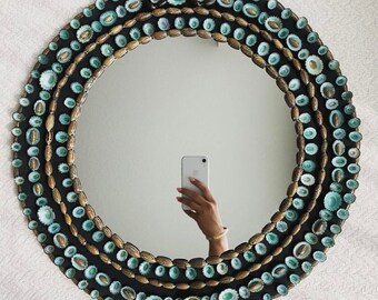 Handmade Limpet Seashell Mirror – “River Mirror” Blue Limpet Nautical Coastal Wall Decor