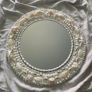 CRISTINA SHELL MIRROR - White & Pearlized Natural Shells -  Handmade Coastal Seashell Wall Décor - Nautical Ocean Beach Water Front Mermaid