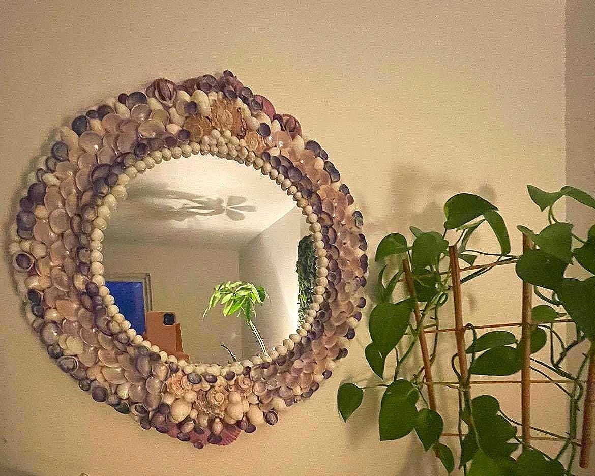 Seashell Mirror- “mermaid Mirror” Violet and White Shells, Coastal