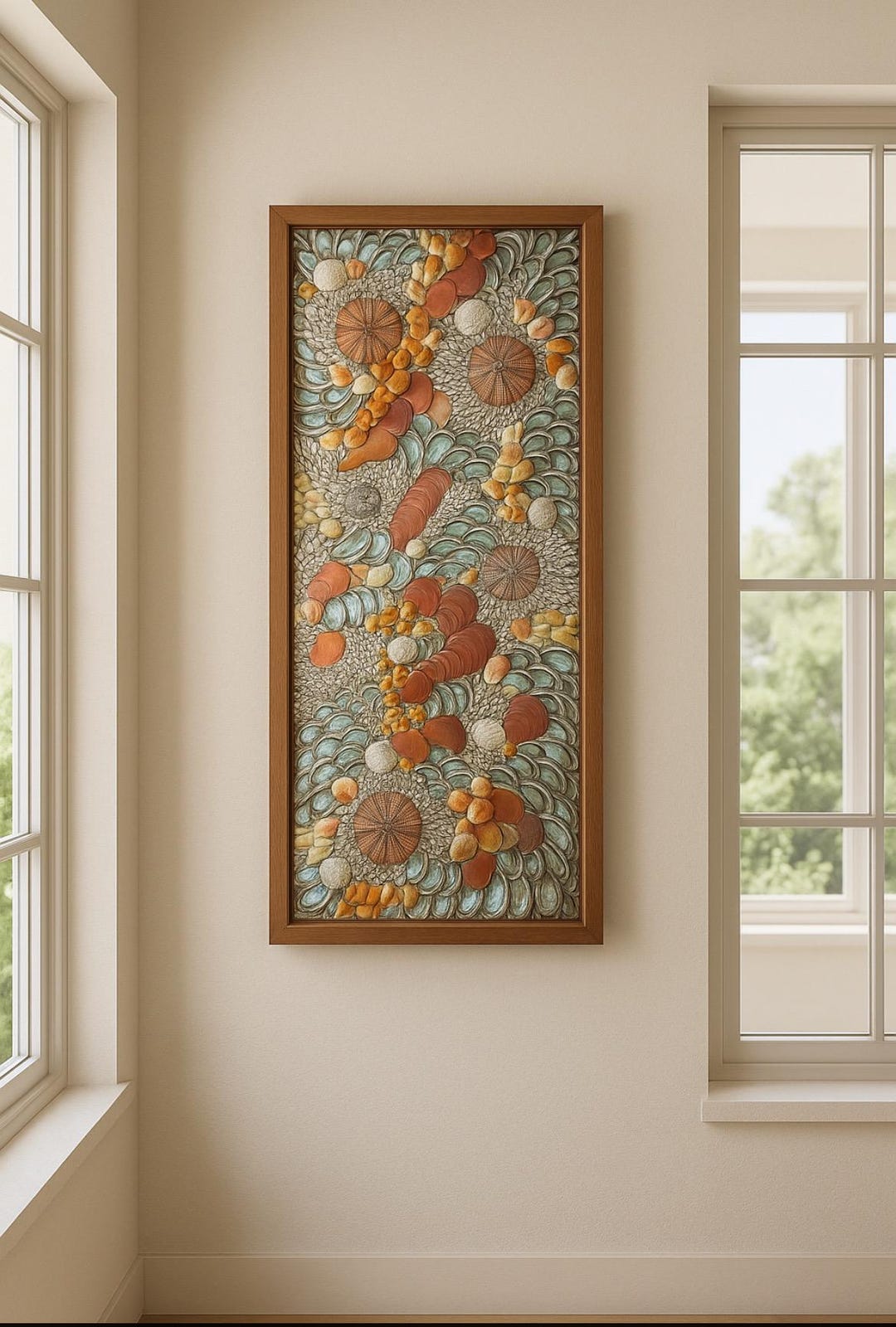 Framed Seashell Mosaic Wall Art: “coral Reef” Warm Coastal