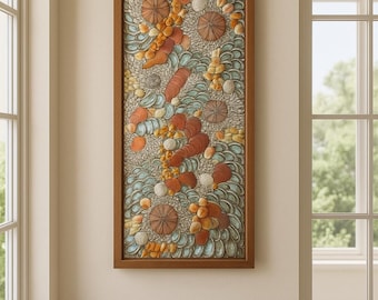 Framed Seashell Mosaic Wall Art: “coral Reef” Warm Coastal