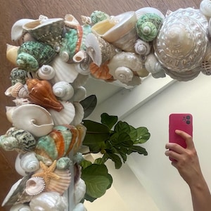 Sunset in Paradise Coastal Shell Mirror - Natural Pearlized White, Green, and Neutral Toned Shells - Rare Assortment - Detailed Pattern