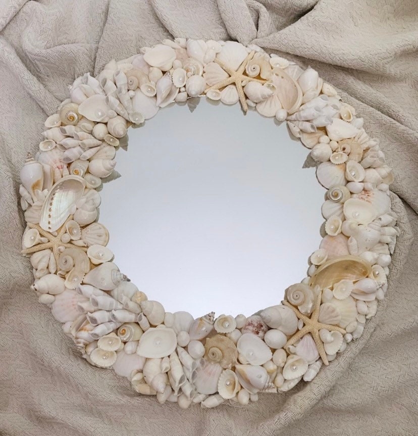 WHITE CORAL REEF Sea Shell Mirror Natural Seashells Urchin Starfish