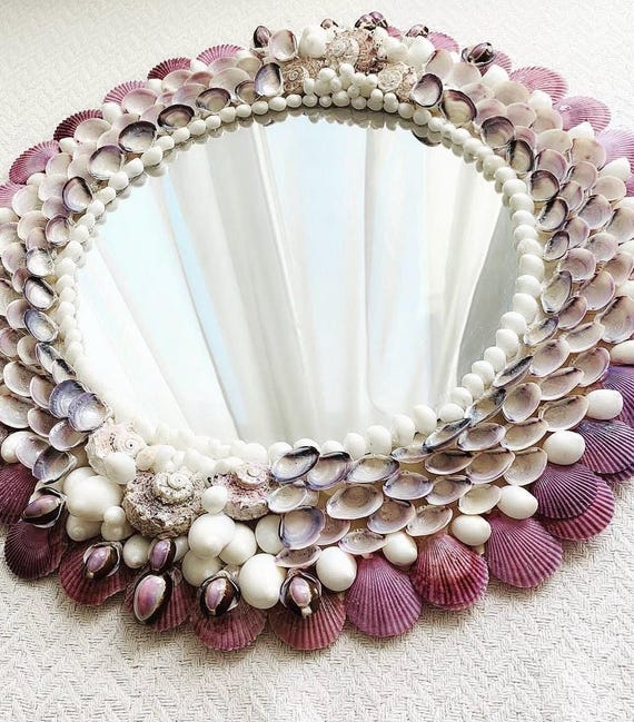 Seashell Mirror- “mermaid Mirror” Violet and White Shells, Coastal