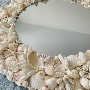 WHITE CORAL REEF Sea Shell Mirror - Natural Seashells Urchin Starfish Pearl Mosaic - Nautical Coastal Ocean Beach Frame Shell Art & Décor
